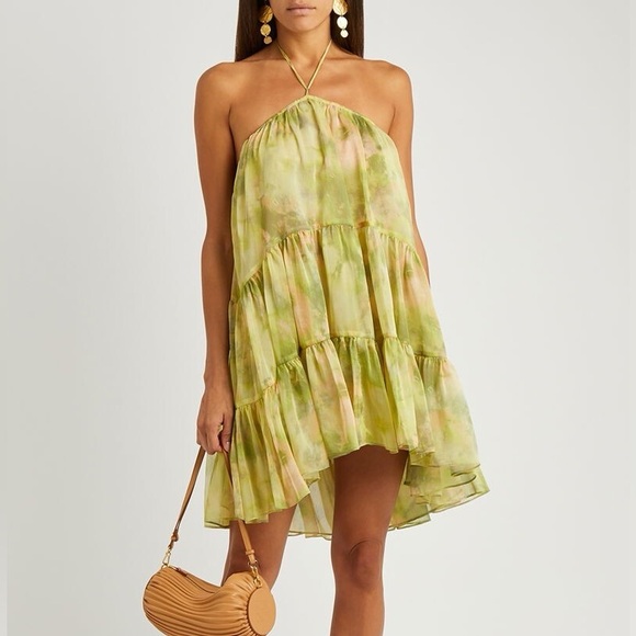 MISA Los Angeles Size Small Sastra Mini Dress In Chartreuse Abstract Halter Neck - Picture 12 of 13